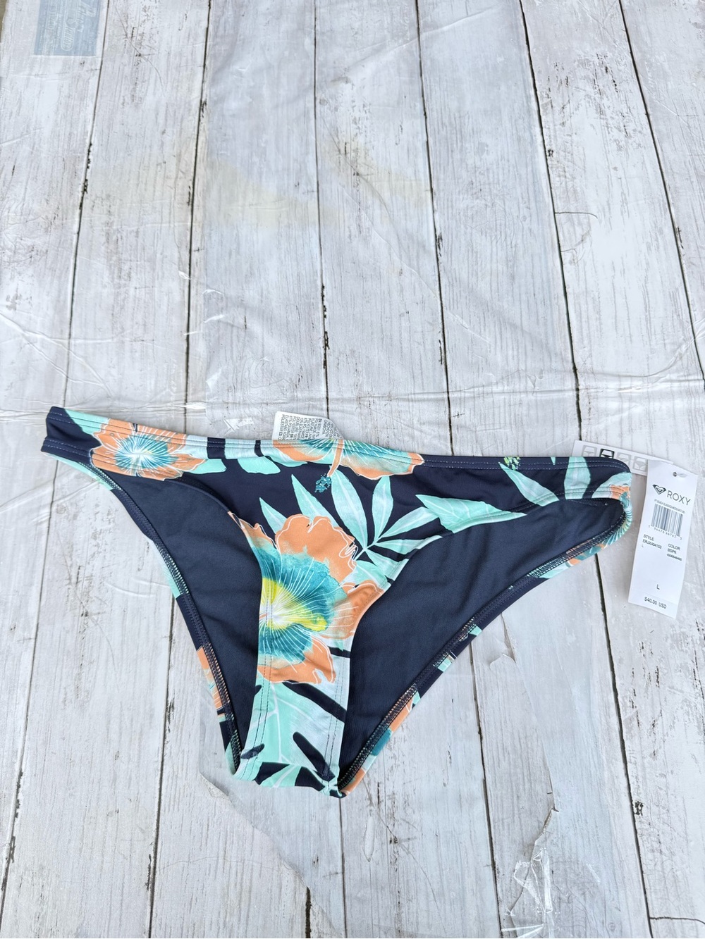Roxy Navy Floral Bikini Bottom with Teal & Coral Accents